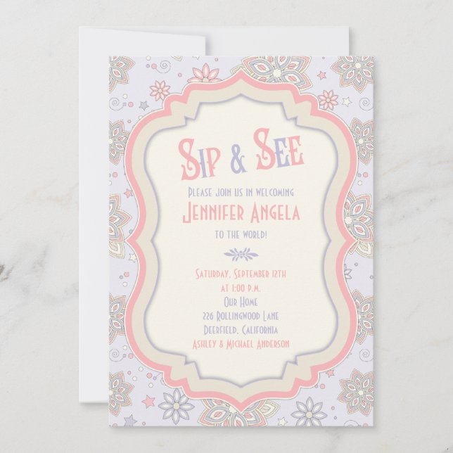 Purple Pink Floral Baby Shower Sip and See Invitation (Front)