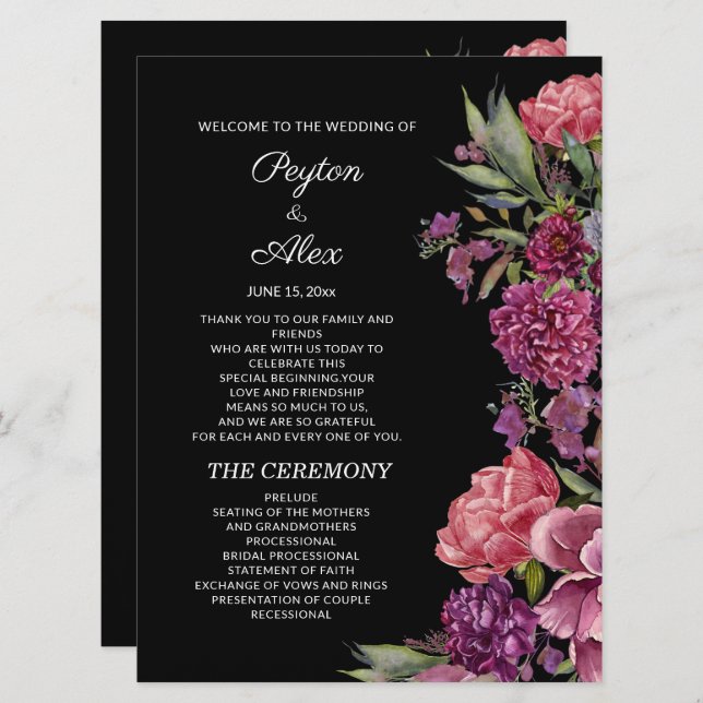 Purple Pink Floral Black Wedding Party Programme (Front/Back)