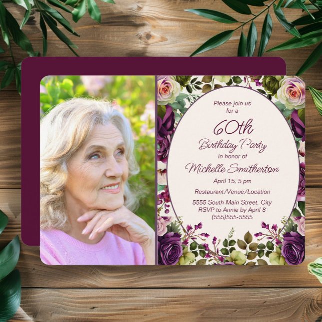 Purple Pink Floral Botanical 60th Birthday Photo Invitation (Elegant purple watercolor floral 60th birthday party photo invitation)