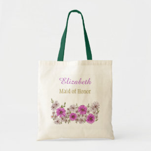 Purple Pink Floral Bridal Bridesmaid with Name Tote Bag