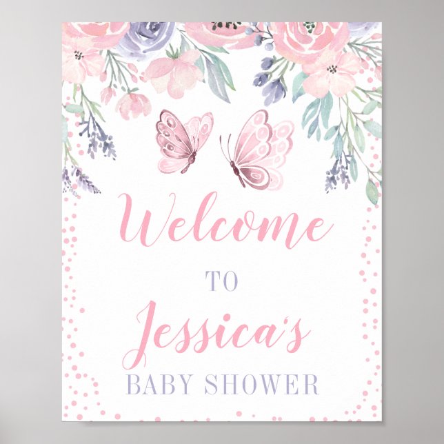 Purple Pink Floral Butterfly Baby Shower Sign (Front)