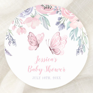 Purple Pink Floral Butterfly Girl Baby Shower Classic Round Sticker