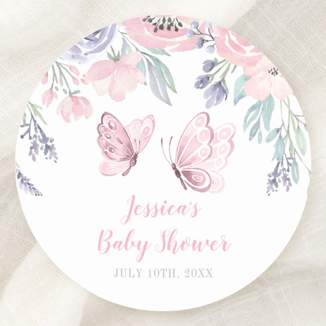 Purple Pink Floral Butterfly Girl Baby Shower Classic Round Sticker (Creator Uploaded)