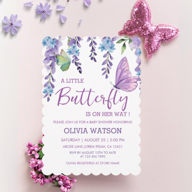 Purple Pink Floral Butterfly Girl Baby Shower  Invitation (Creator Uploaded)