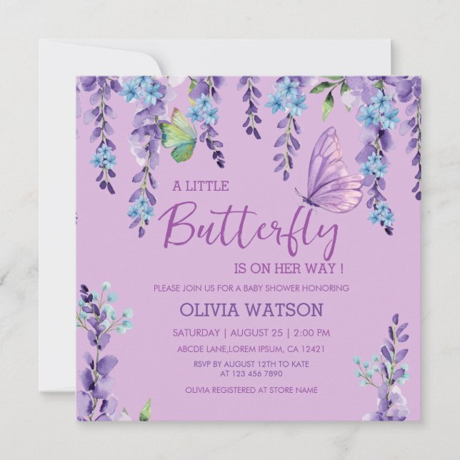 Purple Pink Floral Butterfly Girl Baby Shower  Invitation (Front)