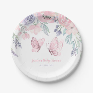 Purple Pink Floral Butterfly Girl Baby Shower Paper Plate