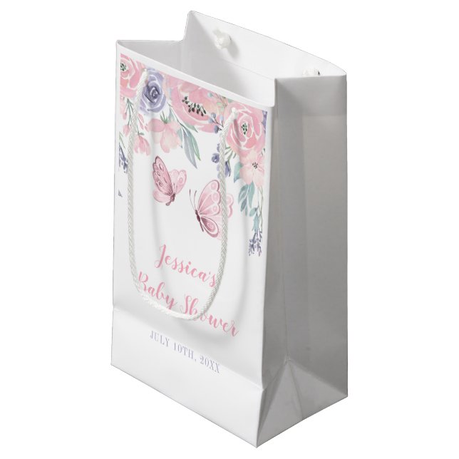 Purple Pink Floral Butterfly Girl Baby Shower Small Gift Bag (Front Angled)