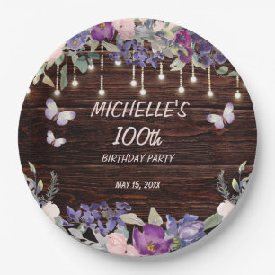 Purple Pink Floral Butterfly Rustic 100th Birthday Paper Plate