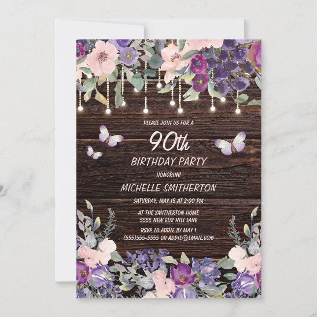 Purple Pink Floral Butterfly Rustic 90th Birthday  Invitation (Front)