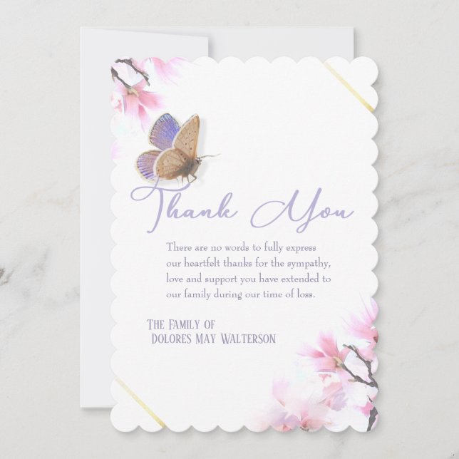Purple & Pink Floral Butterfly Sympathy Thank You  Invitation (Front)