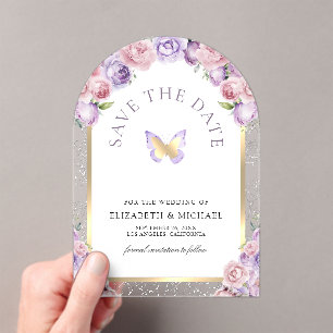 Purple Pink Floral Butterfly Wedding Save the Date Acrylic Invitations