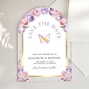 Purple Pink Floral Butterfly Wedding Save the Date Acrylic Invitations