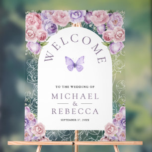 Purple Pink Floral Butterfly Wedding Welcome Acrylic Sign