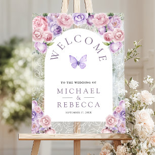Purple Pink Floral Butterfly Wedding Welcome Acrylic Sign