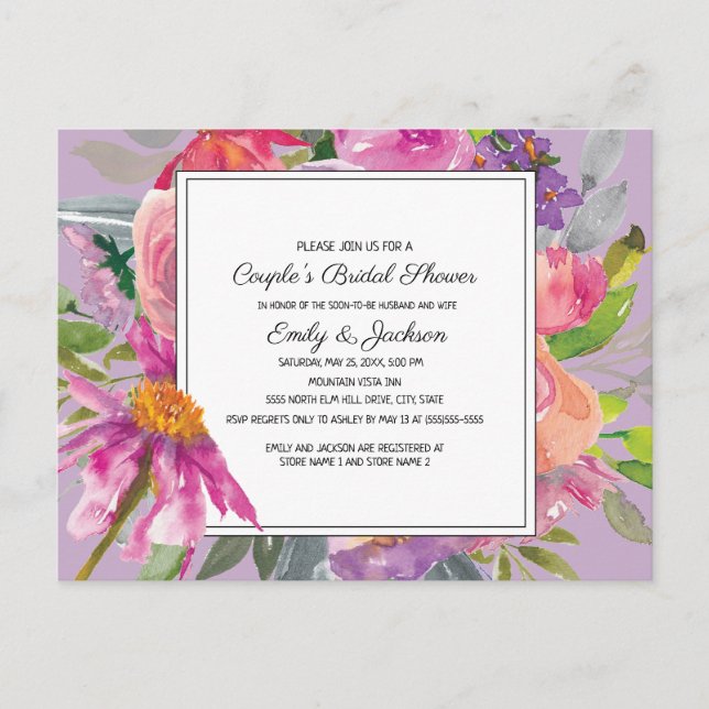 Purple Pink Floral Couple's Bridal Shower Postcard (Front)