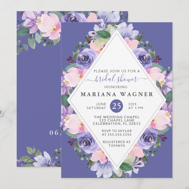 Purple Pink Floral Diamond Bridal Shower Invitation (Front/Back)