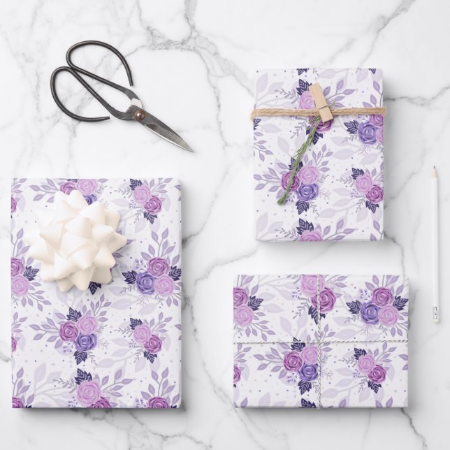 Purple Pink Floral Elegant Feminine Flowers Wrapping Paper Sheet (Front)