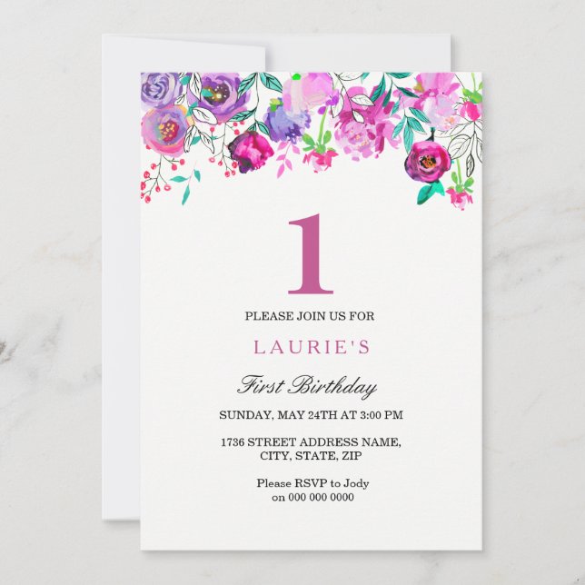 Purple Pink Floral Girl 1st Birthday Invitation (Front)