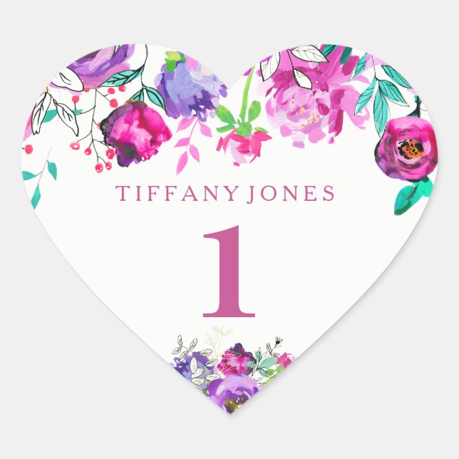 Purple Pink Floral Girl 1st Birthday Love heart Sticker (Front)