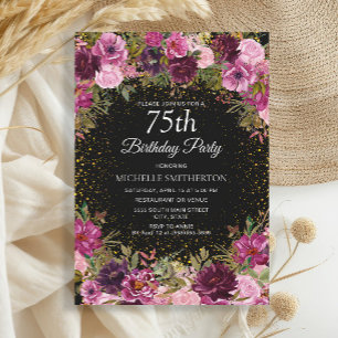 Purple Pink Floral Glitter Black 75th Birthday Invitation