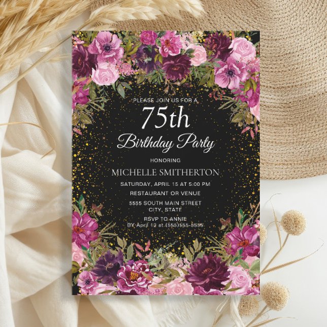 Purple Pink Floral Glitter Black 75th Birthday Invitation (Elegant burgundy and pink watercolor floral  on black 75th birthday party invitation)