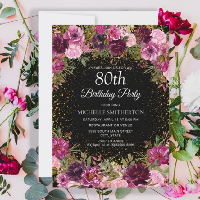 Purple Pink Floral Glitter Black 80th Birthday Invitation (Pink and burgundy floral on black 80th birthday party invitation)