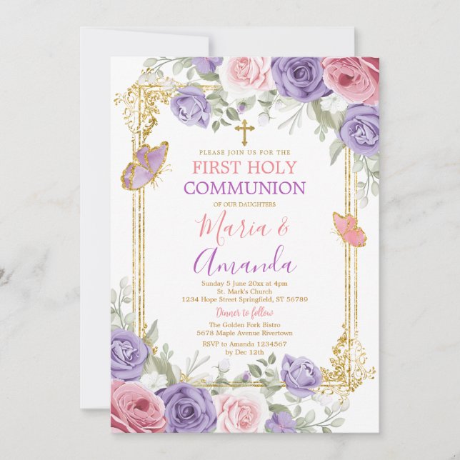 Purple Pink Floral Gold Cross First Holy Communion Invitation (Front)