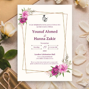 Purple Pink Floral Gold Frame Islam Muslim Wedding Invitation