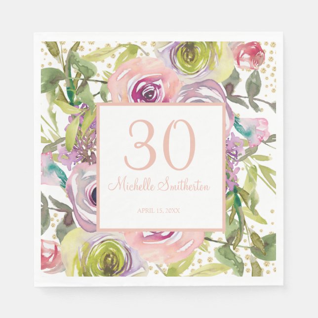 Purple Pink Floral Gold Glitter 30th Birthday Napkin (Front)