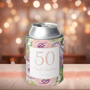 Purple Pink Floral Gold Glitter 50th Birthday Can Cooler