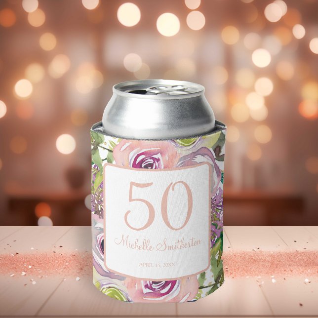 Purple Pink Floral Gold Glitter 50th Birthday Can Cooler (Pink and purple watercolor floral 50th birthday party can cooler)
