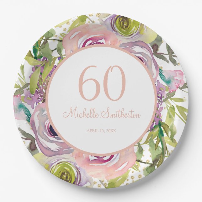 Purple Pink Floral Gold Glitter 60th Birthday Paper Plate (Front)