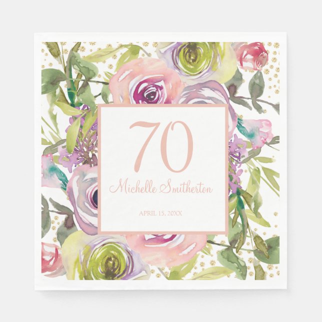 Purple Pink Floral Gold Glitter 70th Birthday Napkin (Front)