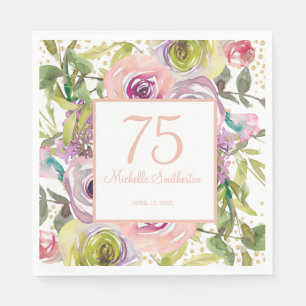 Purple Pink Floral Gold Glitter 75th Birthday Napkin