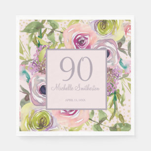 Purple Pink Floral Gold Glitter 90th Birthday Napkin