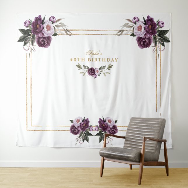 Purple Pink Floral Gold Photo Booth 40th Birthday Tapestry (In Situ (Horizontal))