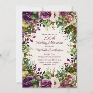 Purple Pink Floral Green Leaves 100th Birthday Invitation
