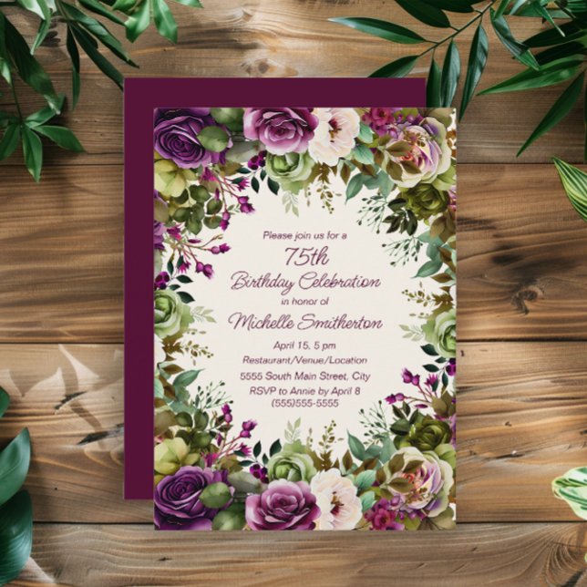 Purple Pink Floral Green Leaves 75th Birthday Invitation (Elegant purple and pink watercolor floral 75th birthday party invitation)
