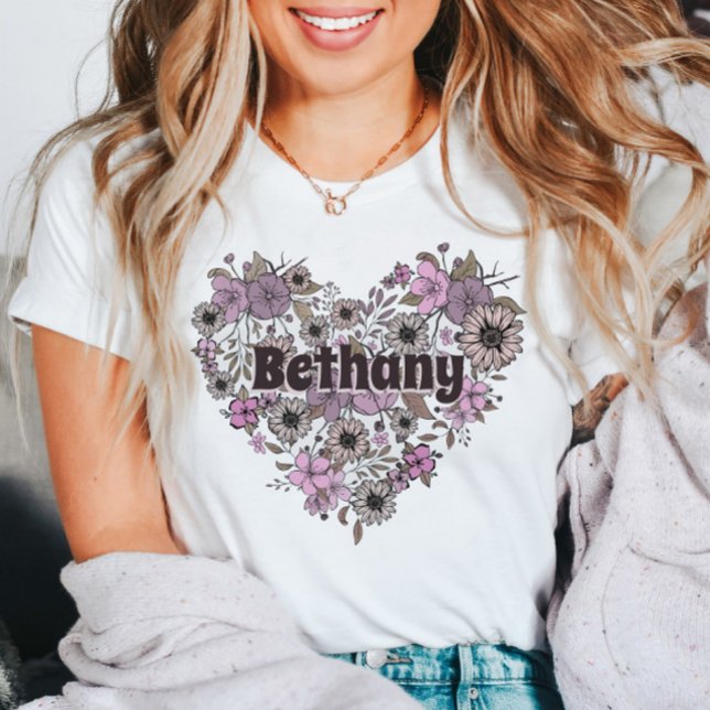 Purple Pink Floral Heart Girly Feminine Name T-Shirt (Creator Uploaded)