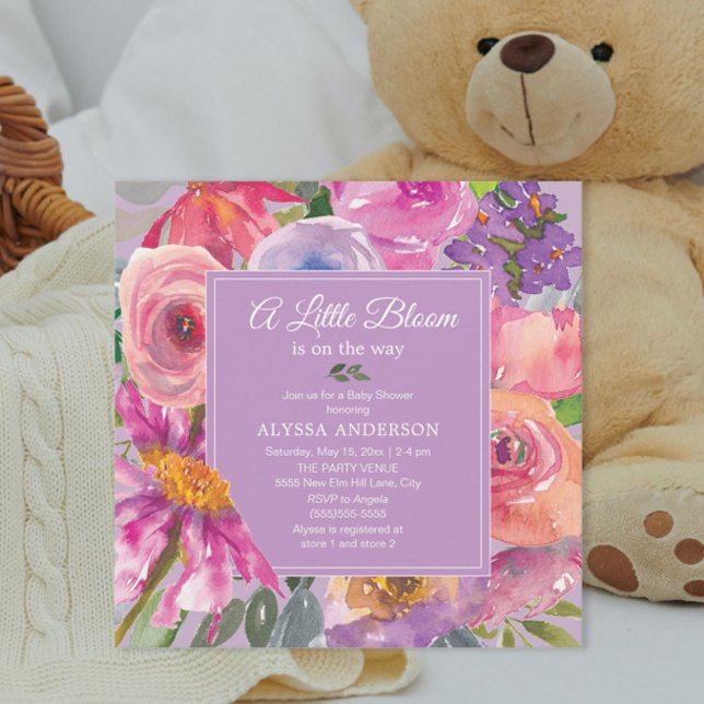 Purple Pink Floral Little Bloom Baby Shower Invitation (Pink and purple watercolor floral baby girl "A little bloom is on the way" baby shower invitation)