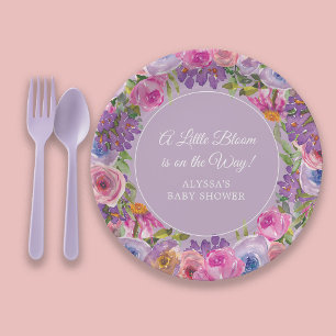 Purple Pink Floral Little Bloom Baby Shower Paper Plate