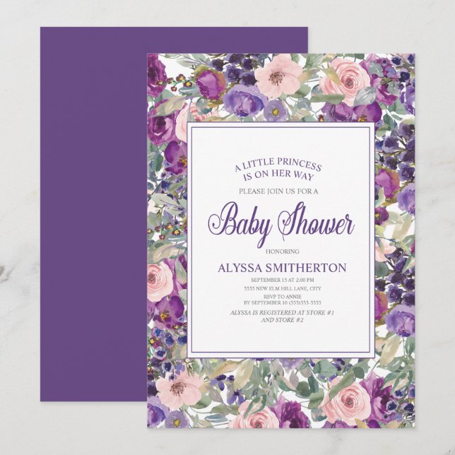 Purple Pink Floral Little Girl Baby Shower Invitation (Front/Back)