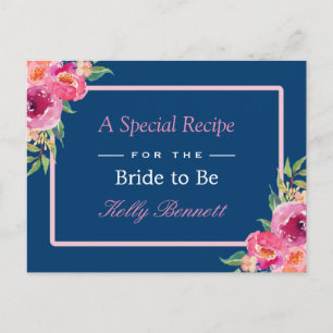 Purple Pink Floral Navy Blue Bridal Shower Recipe Postcard