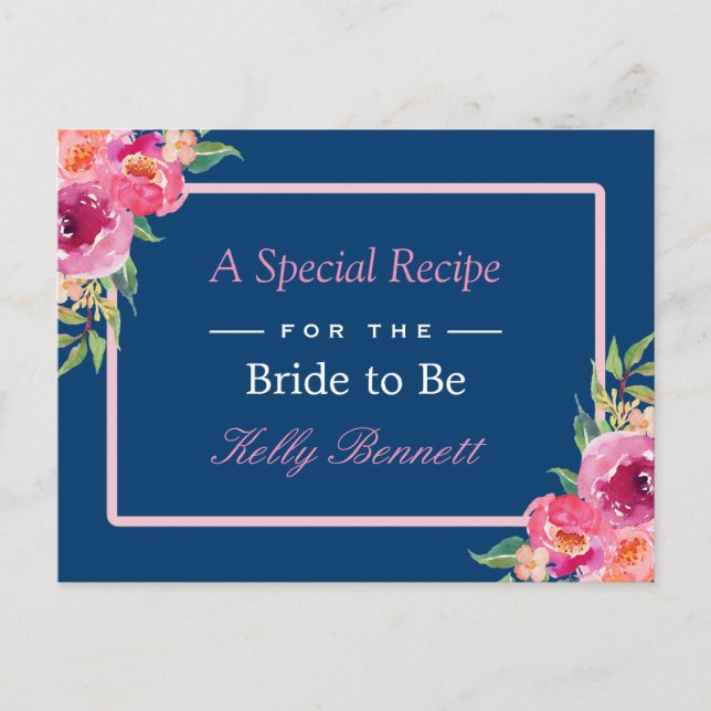 Purple Pink Floral Navy Blue Bridal Shower Recipe Postcard (Front)