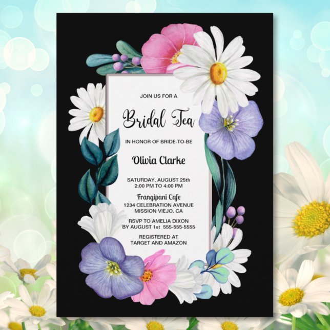 Purple Pink Floral on Black Bridal Tea Invitation (Creator Uploaded)