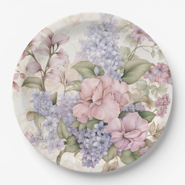 Purple Pink Floral Paper Plate (Front)