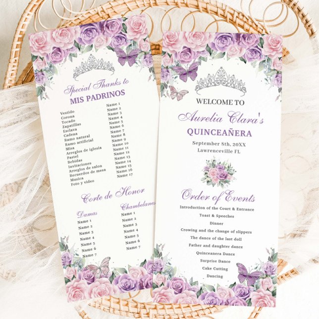 Purple Pink Floral Quinceañera Order of Events  Programme (Creator Uploaded)