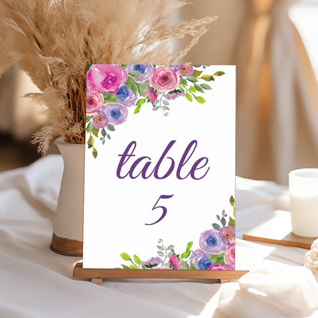 Purple Pink Floral Table Number (Pink and purple watercolor floral special event table number template)