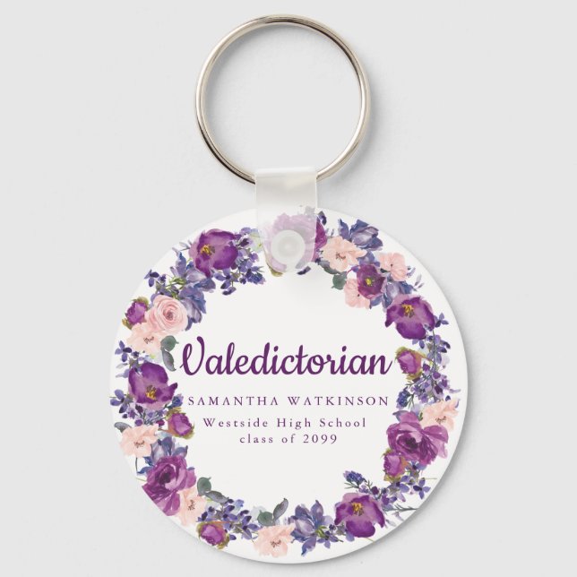 Purple & Pink Floral Valedictorian Graduation Gift Key Ring (Front)