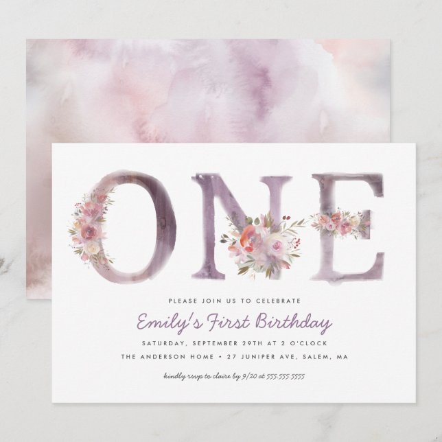 Purple Pink Floral Watercolor 1st Birthday Party Invitation (Front/Back)